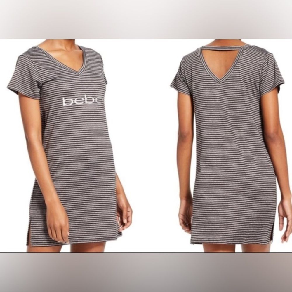 NWT Bebe Charcoal Heather Stripe V-neck Sleep Shirt Size 1X